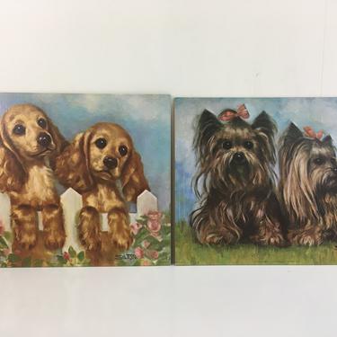 Vintage Cute Dogs Lithographs Picture Wall Set of Two (2) Unframed 1960s Cocker Spaniel Yorki Terrier Puppies Lithograph Puppy Dog Prints 