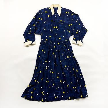 Vintage 1940s Novelty Print Cold Rayon Shirt Dress / Navy Blue / Yellow Diamonds / Hash Tags / Abstract / Painterly / Medium / 40s / M / 