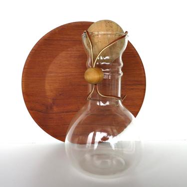Vintage Modernist Glass Pyrex Decanter With Cork Stopper And Leather Strap - 2 available. 