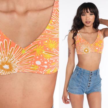 70s Bikini Top Psychedelic Swimsuit Mod Hippie Abstract Print Bathing Suit 1970s Hippie Swim Vintage Orange Extra Small xs s 