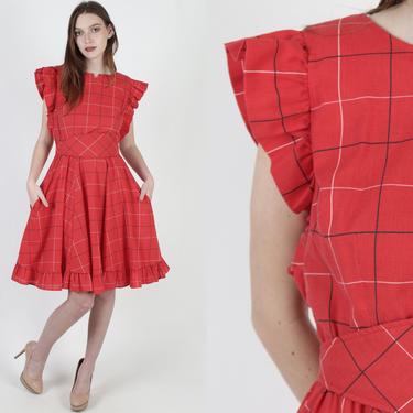 Red Plaid Pinafore Dress / Checker Apron With Hip Pockets / Vintage 80s Square Dancinig Dress / Womens Americana Knee Maxi Dress 