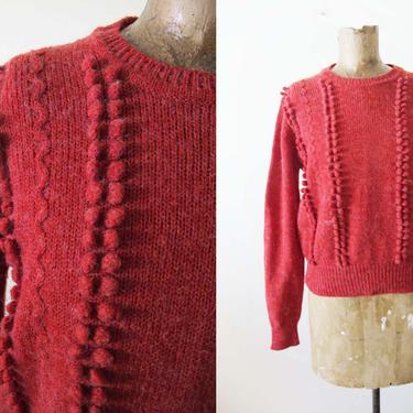 Vintage 80s Pom Pom Knit Sweater XS S - 1980s Cranberry Red Womens Long Sleeve Pullover - Holiday Red Sweater 