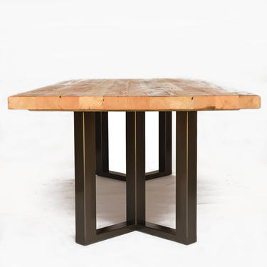 Industrial Modern Dining Table with 2.5&quot; thick top and steel base in your choice of style, height, color, size and finish. 