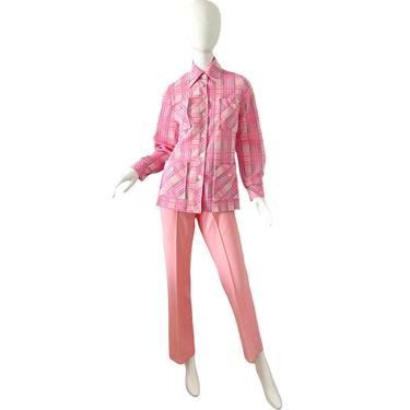 70s Pink Pant Set / Vintage Mod Pantsuit / 1970s Plaid Retro Pantsuit Large 