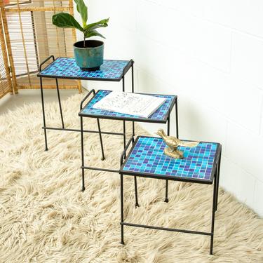 Rod Cast Iron and Tile Patio Nesting Side Tables (Set of 3) 