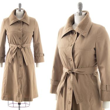 Vintage 1980s Trench Coat | 80s Faux Shearling Removable Liner Lined Tan Belted Jacket (small) 