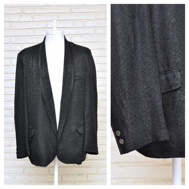 Vintage Men’s Black Textured Silk Smoking Jacket Loungewear Blazer XL 
