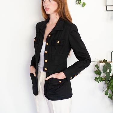 Vintage CHANEL Black Safari Style Jacket with Gold CC Logo Buttons XS S Multi Pocket Band Jacket Minimal Cotton Coat 