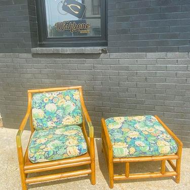 Pretzel tiki arm chair and ottoman manufactured by South Pacific Rattan Co chair : 25” w x 32” d x 16.5” ht floor to seat 