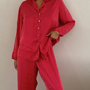 90s silk charmeuse pant suit loungewear / vintage cinnamon red foulard liquid silk charmeuse satin pant suit PJs pajamas | M 
