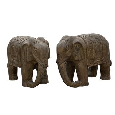 Chinese Pair Distressed Brown Gray Stone Fengshui Elephant Statues cs6061E 