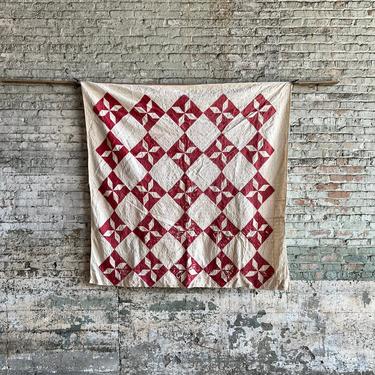 Vintage Red & White Pinwheel Hand-Stitched Tattered Block Quilt 71x68 