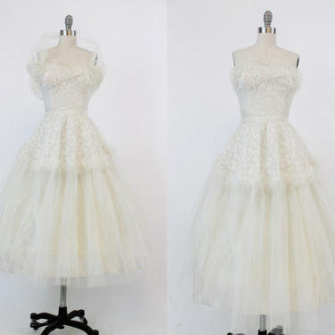 1950s strapless wedding dress xs | vintage tulle cupcake wedding gown 