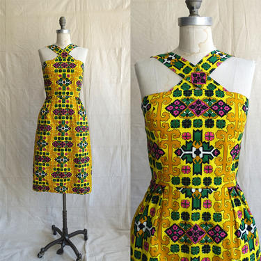 Vintage Cross Front Sheath Dress/ 1960s 70s Handmade Sleeveless Summer Dress with Pockets / Size Small 