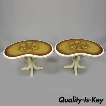 Pair Vtg Hollywood Regency French Kidney Bean Shaped Side Tables Gold Glass Top