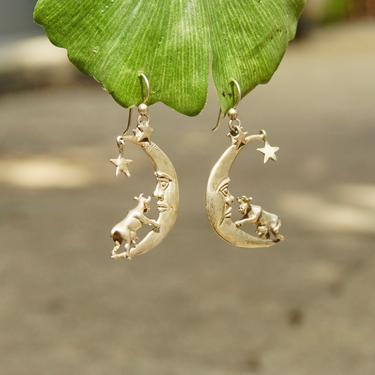 Vintage Sterling Silver Cow Jumped Over The Moon Dangle Earrings, Celestial Moon & Stars, Nursery Rhymes, Signed MM '94, 925 Jewelry 