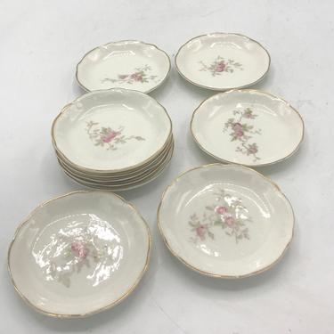 Vintage Set of (10) Rose and Gold Trim pink Floral Butter Pat  Dishes-Nice Condition 