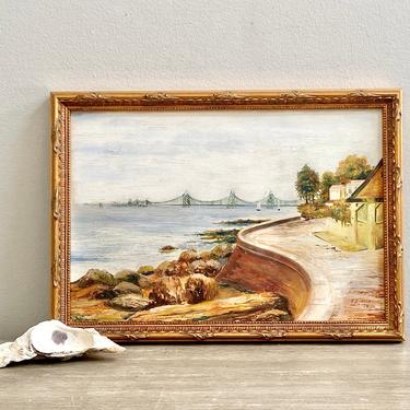 Small Antique English Oil Painting Coastal Landscape 