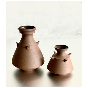Set of 2 Small Terra Cotta Earth Tone Bud Vases . Handmade Ceramics by Sara Paloma Pottery . architectural design geometric inspired vases 