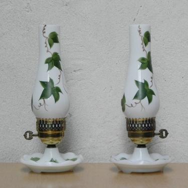 Pair White Converted Oil Lamp Dresser Lamps with Painted Green Ivy, Milk Glass 