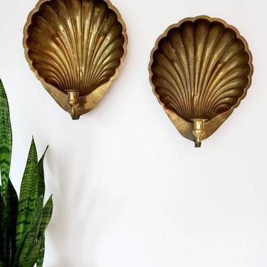 Ex Large Vintage Brass Shell Wall Sconce Pair 