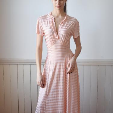 1940s Pink Striped Knit Dress | XS/S | Vintage 40s Rayon Knit Floor Length Gown | Nightgown 