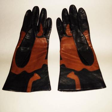 Vintage Designer Yves St Laurent Italian Leather Silk Lined Gloves Black brown 