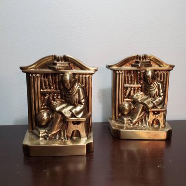 Vintage PM Craftsman Scholar Brass Bookends. Robed Man in Library. Gift for Lawyer, Gift for Graduate, Office Decor, Brass over Cast Iron 