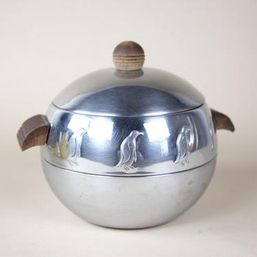 Vintage mcm stainless steel hot / cold serving dish, ice bucket with penguins and walnut details 