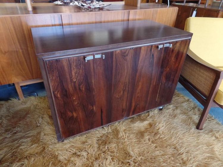 Mid-Century Modern rolling bar cart with rosewood doors