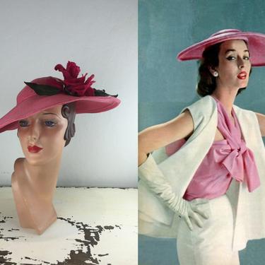 A Tip of the Hat - Vintage 1940s 1950s Cerise Pink Straw Wide Brim Hat w/Large Velvet Rose 