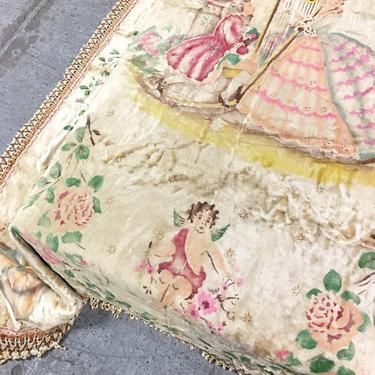 Vintage Bedspread 1950s Retro Queen Size 100x93 Velour + Cherub Print + Blanket + by Sorriso D’Italia + Pink + Yellow + Green + Mid Century 