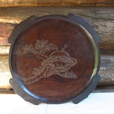 Antique Hand Carved Japanese Wooden Plate Japan Wood Decorative Tray Mt.Fuji Cherry Blossoms Carving Asian Wall Art Decor Wooden Platter 
