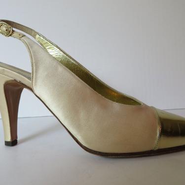 Vintage Chanel Size 7.5 US Ivory Gold Satin Slingback Spectator Heels Pumps Shoes Heels Pumps Shoes 