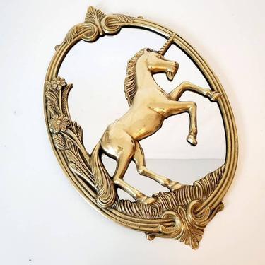 Vintage Brass Unicorn Wall Mirror 