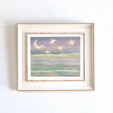 Twinkle Seascape Drawing - Celestial Skies Drawing Print - Lunar Sky Artwork - Ocean + Stars Oil Pastel Skyscape 