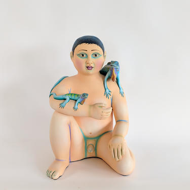 Salvador Larios Foll Art Ceramic Sculpture of a Boy and Iguanas 