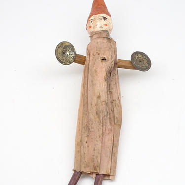 Antique Jester Clown Playing Cymbals Toy, Vintage Hand Painted Composite Head, Crepe Paper Suit, Wooden Arms & Legs, Christmas Ornament 