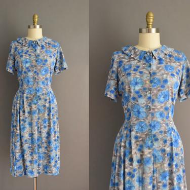 vintage 1960s dress | Casual Maker Blue Floral Print Short Sleeve Shirt Dress | Large | 60s vintage dress 