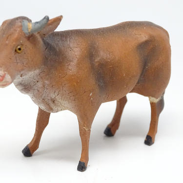 Antique German Composition Cow, Glass Eyes,  for Putz or Christmas Nativity Creche, Vintage Bull, Germany 