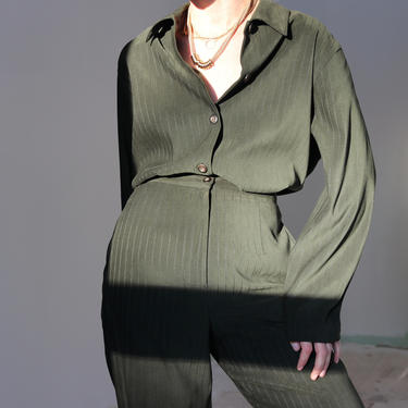 Vintage Two-Piece Pantsuit / 90's CASUAL CORNER Green Pinstripe Matching Set / Medium 