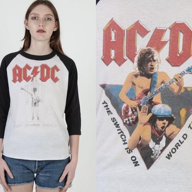 ACDC Rock Band T Shirt, The Switch Is On Tour Tee, 1983 White Double 2 Sided Graphic, Mens Womens 50 50 Metal Shirt 