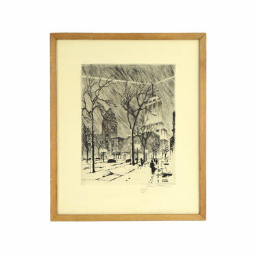 James Swann 1940 Etching Chicago Winter Scene Lake Shore Drive Palmolive Building 
