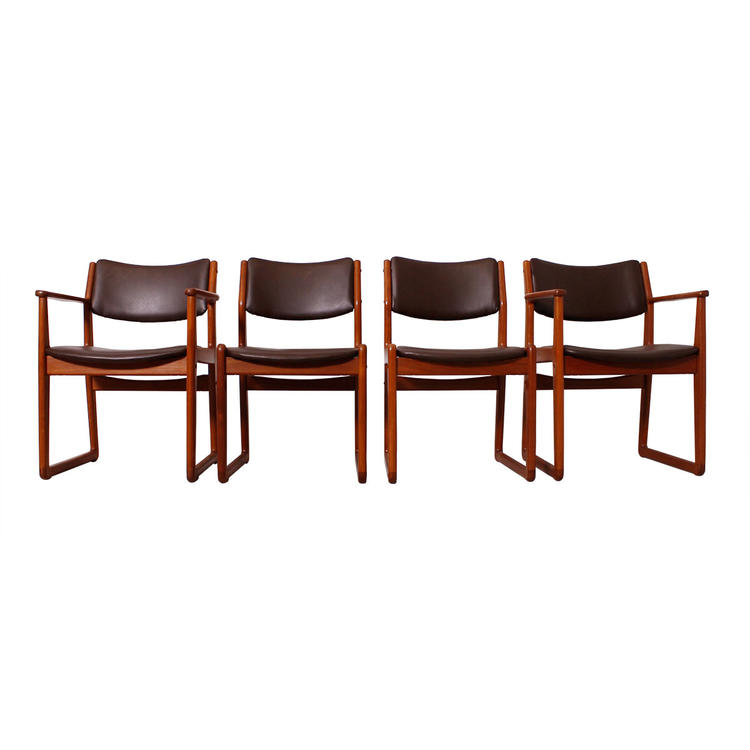 Reupholstered Set of 4 (2 Arm + 2 Side) Danish Teak Sleigh-Leg Dining Chairs