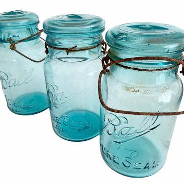 3 Vintage blue Ball Mason jars Fruit canning jars with glass lids & wire bail Rustic farmhouse kitchen decor 