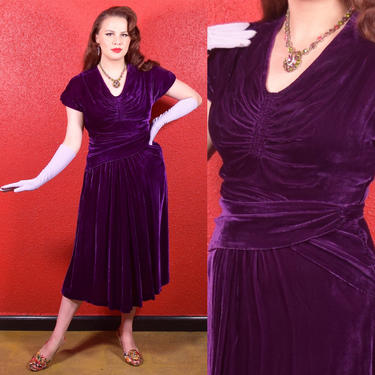 1930s Purple Silk Velvet Draped Dress 