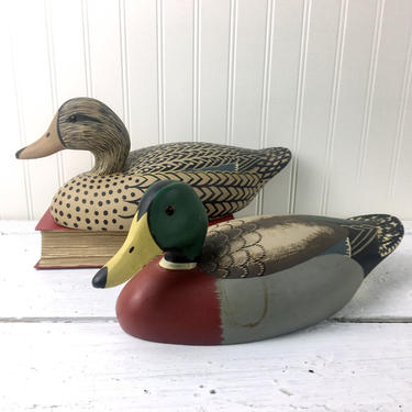 Jane Rinker carved and painted mallard duck decoys - 1980s fine art wood carving 