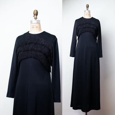 1970s Fringed Dress / 70s Black Long Sleeve Maxi Dress 