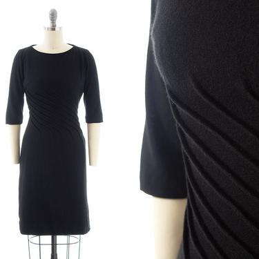 Vintage 1960s Dress | 60s Black Wool Jersey Pintuck Wiggle Sheath Cocktail Party Evening Dress (small) 