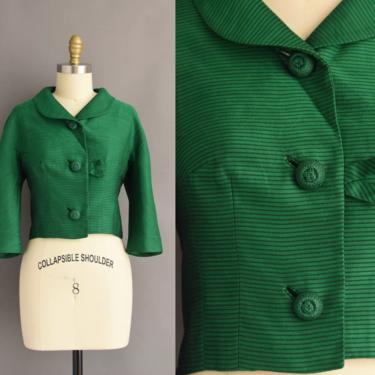 1950s vintage jacket | Adorable Kelly Green Stripe Print Cropped Jacket | Medium | 50s jacket 
